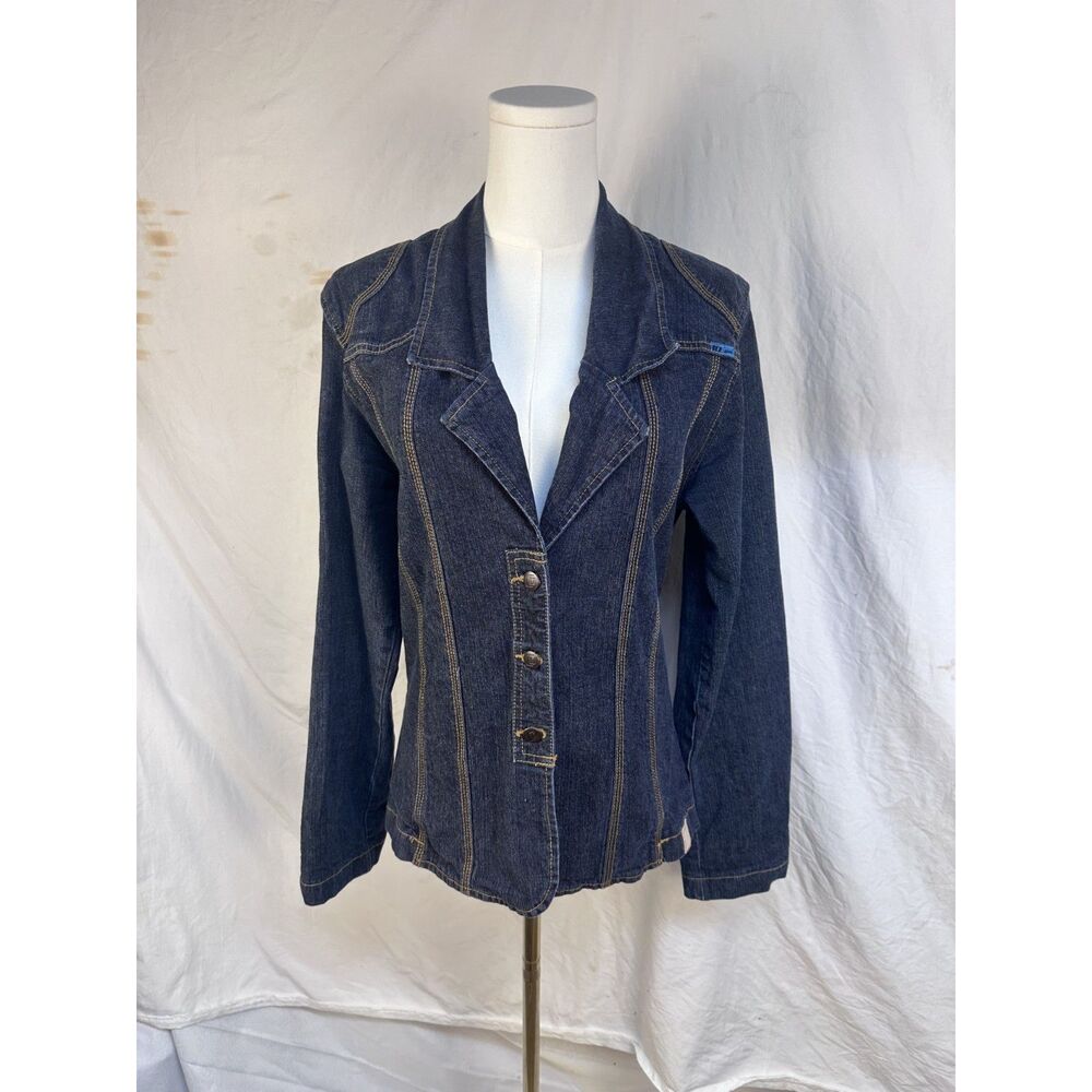 CD Jeans Fitted Denim Blazer Jacket Women's Medium Gold Stitch Y2K